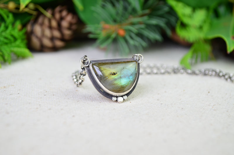 Labradorite Half Moon Necklace w/ Pebble Accents