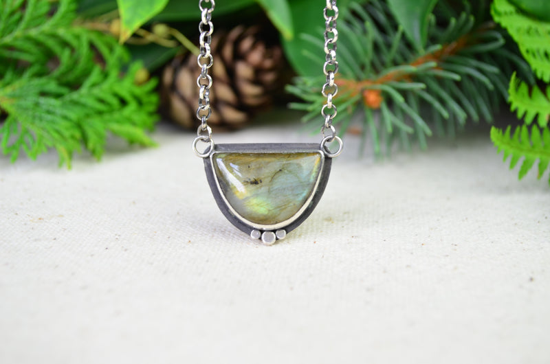 Labradorite Half Moon Necklace w/ Pebble Accents