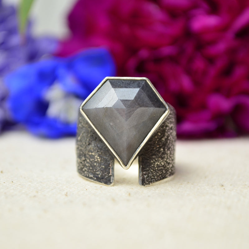 Silver Sapphire Textured Wide Band Ring (Size 8 1/2)