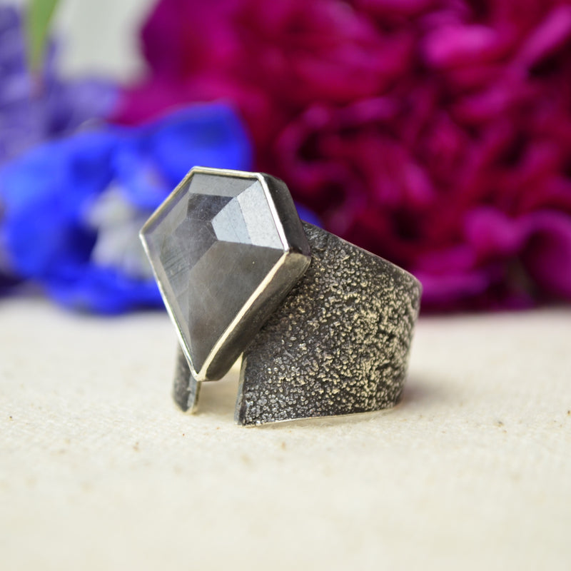 Silver Sapphire Textured Wide Band Ring (Size 8 1/2)