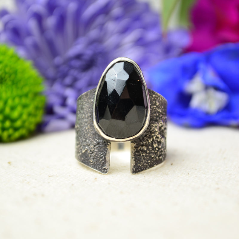 Black Tourmaline Textured Wide Band Ring (Size 9 1/4)