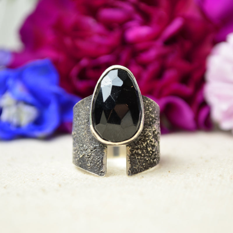Black Tourmaline Textured Wide Band Ring (Size 9 1/4)