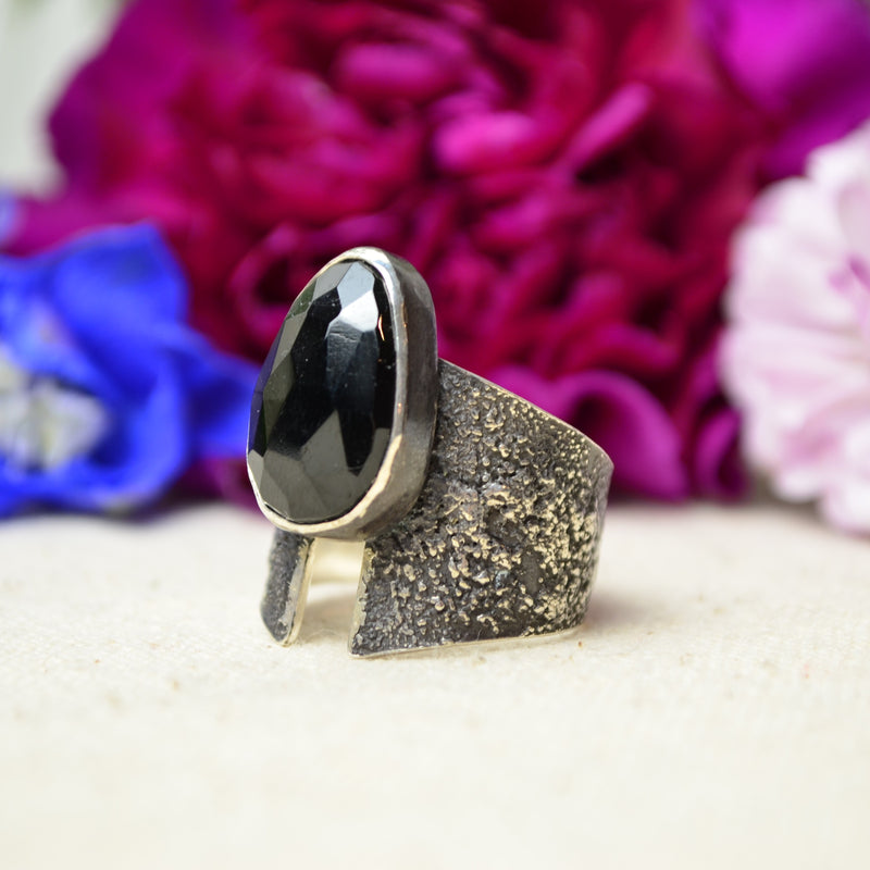 Black Tourmaline Textured Wide Band Ring (Size 9 1/4)