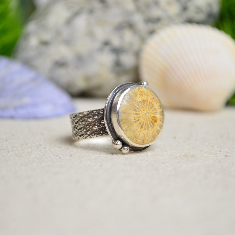 Fossilized Coral Ring w/ Urchin Shell Band (Size 7 1/4)