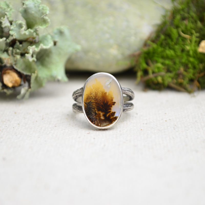 Dendritic Agate Ring w/ Organic Twig Split Band (Size 7 1/4)