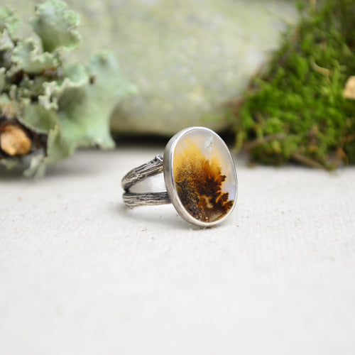 Dendritic Agate Ring w/ Organic Twig Split Band (Size 7 1/4)