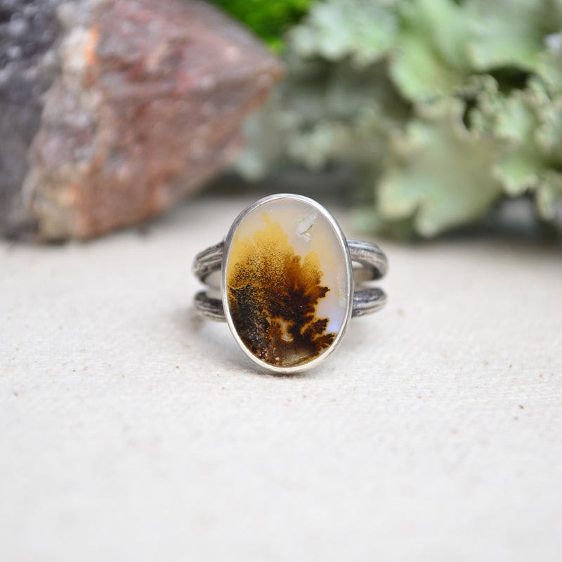 Dendritic Agate Ring w/ Organic Twig Split Band (Size 7 1/4)
