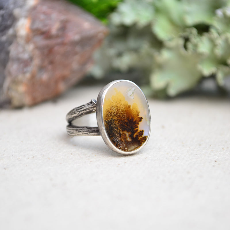 Dendritic Agate Ring w/ Organic Twig Split Band (Size 7 1/4)