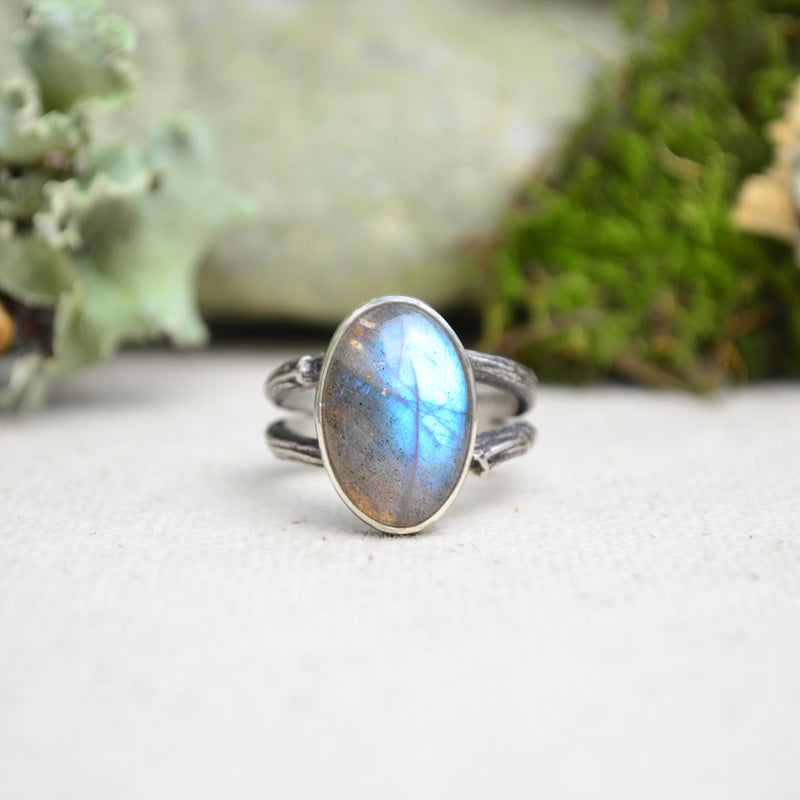 Labradorite Ring w/ Organic Twig Split Band (Size 7 3/4)
