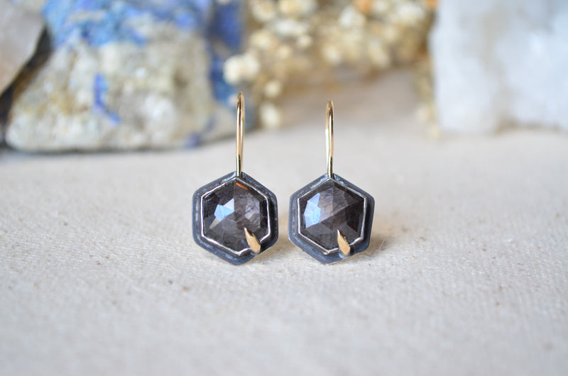 Black Sapphire Hex Earrings with 14K Yellow Gold Accents