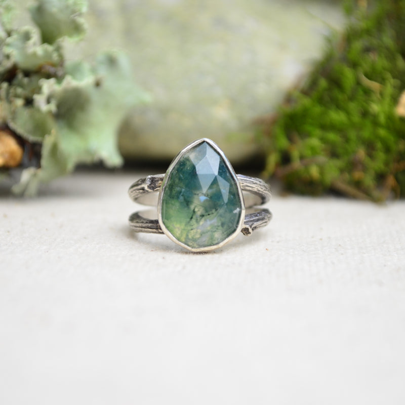 Moss Agate Ring w/ Organic Twig Split Band (Size 8 1/2)
