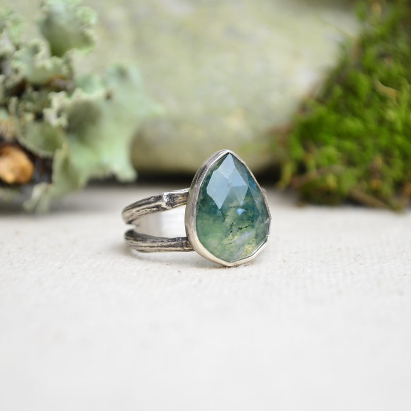 Moss Agate Ring w/ Organic Twig Split Band (Size 8 1/2)