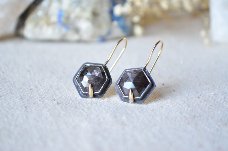 Black Sapphire Hex Earrings with 14K Yellow Gold Accents