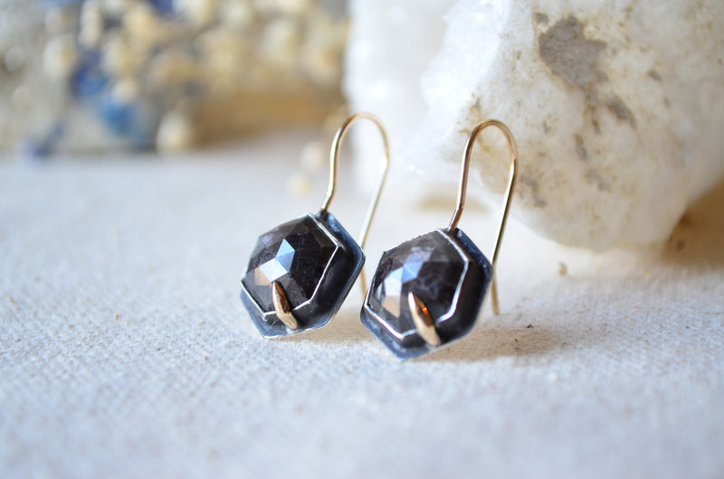 Black Sapphire Hex Earrings with 14K Yellow Gold Accents