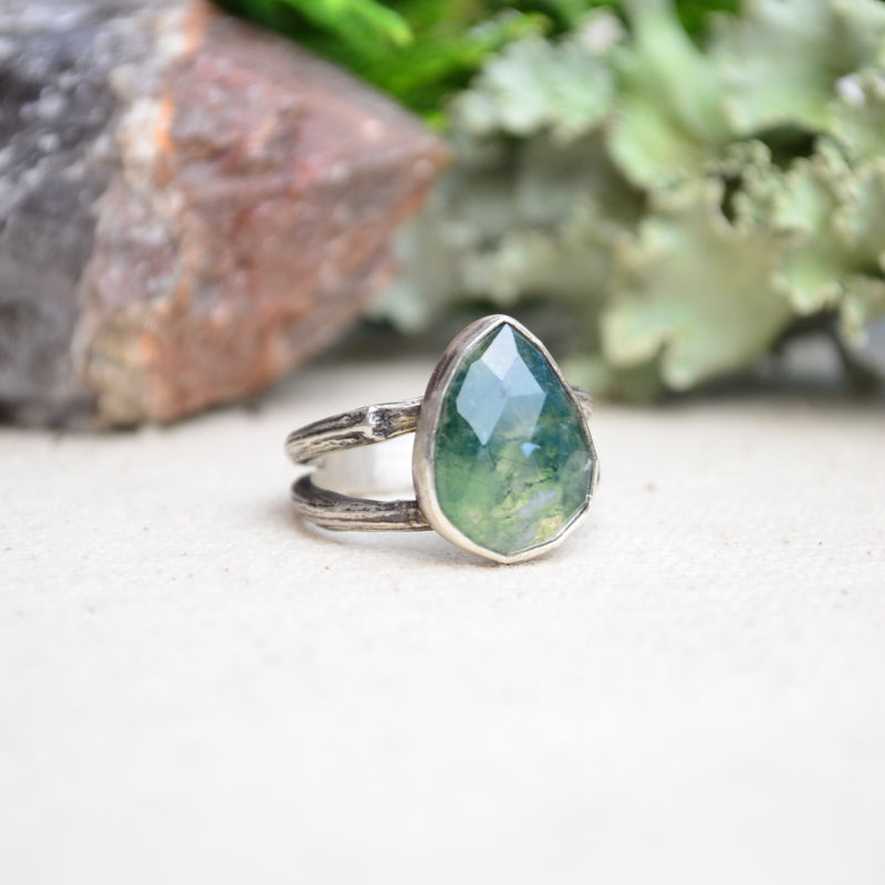 Moss Agate Ring w/ Organic Twig Split Band (Size 8 1/2)