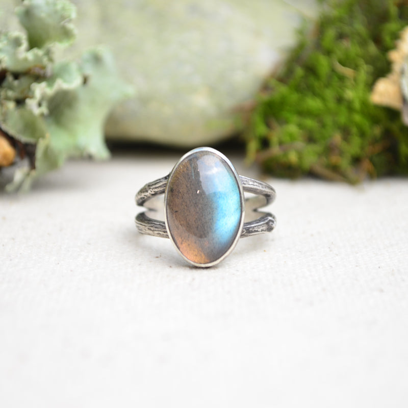 Labradorite Ring w/ Organic Twig Split Band (Size 9)