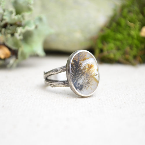 Dendritic Agate Ring w/ Organic Twig Split Band (Size 9 1/2)