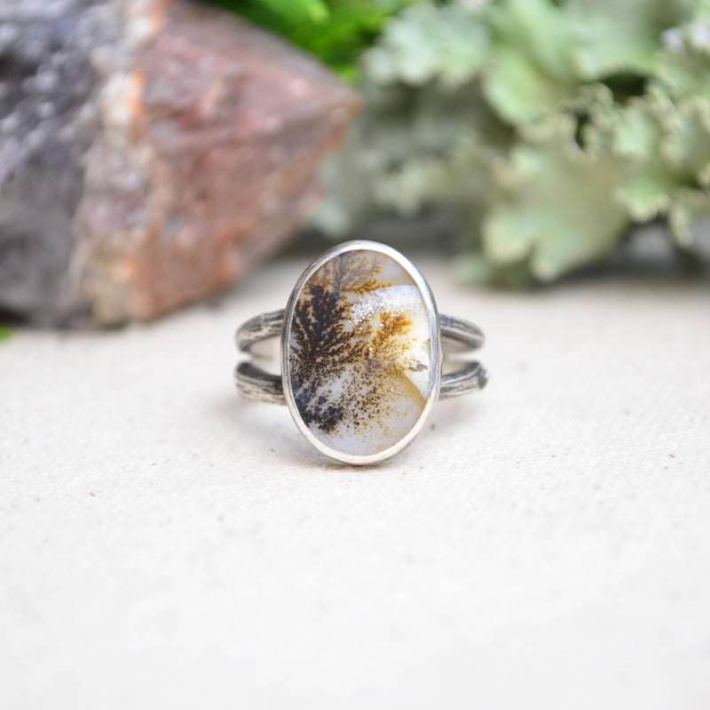 Dendritic Agate Ring w/ Organic Twig Split Band (Size 9 1/2)