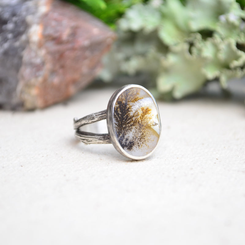 Dendritic Agate Ring w/ Organic Twig Split Band (Size 9 1/2)