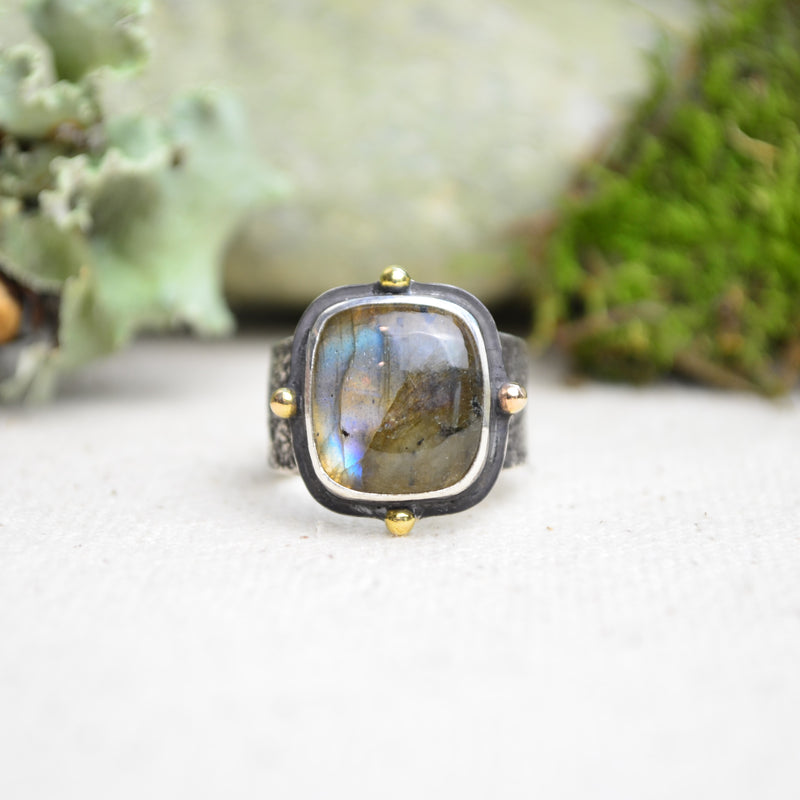 Labradorite Textured Wide Band Ring w/ 14K Accents (Size 6 1/2)