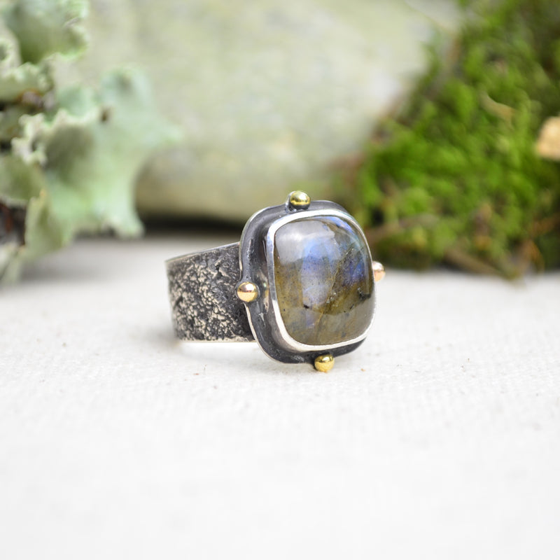 Labradorite Textured Wide Band Ring w/ 14K Accents (Size 6 1/2)