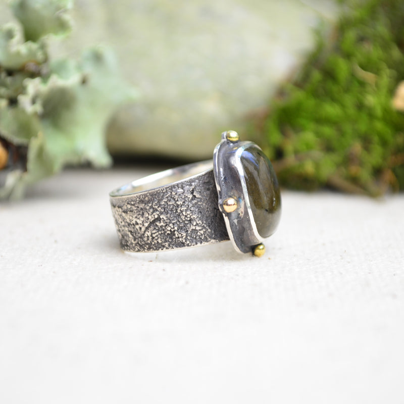Labradorite Textured Wide Band Ring w/ 14K Accents (Size 6 1/2)