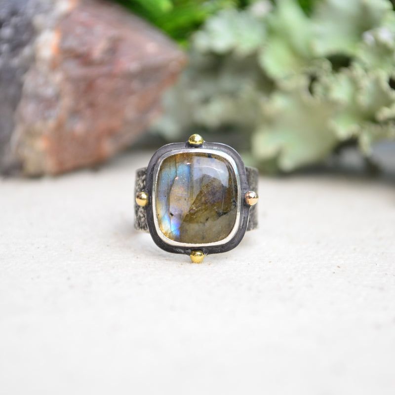 Labradorite Textured Wide Band Ring w/ 14K Accents (Size 6 1/2)