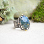 Moss Agate Textured Wide Band Ring w/ 14K Accents (Size 6 3/4)