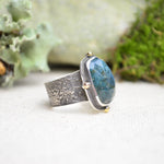 Moss Agate Textured Wide Band Ring w/ 14K Accents (Size 6 3/4)