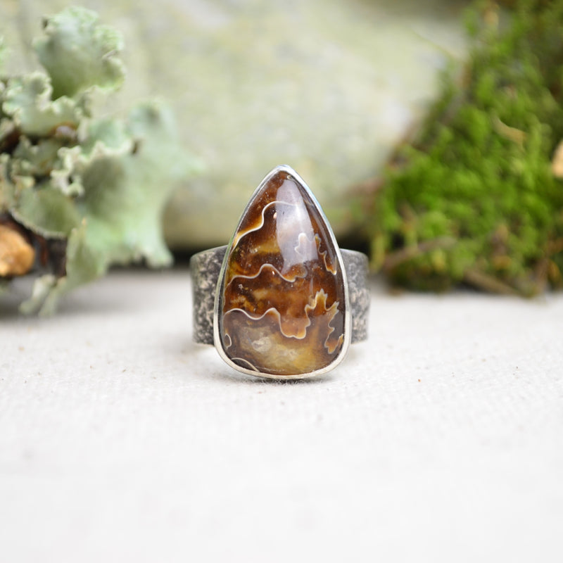 Fossilized Ammonite Textured Wide Band Ring (Size 7 1/4)