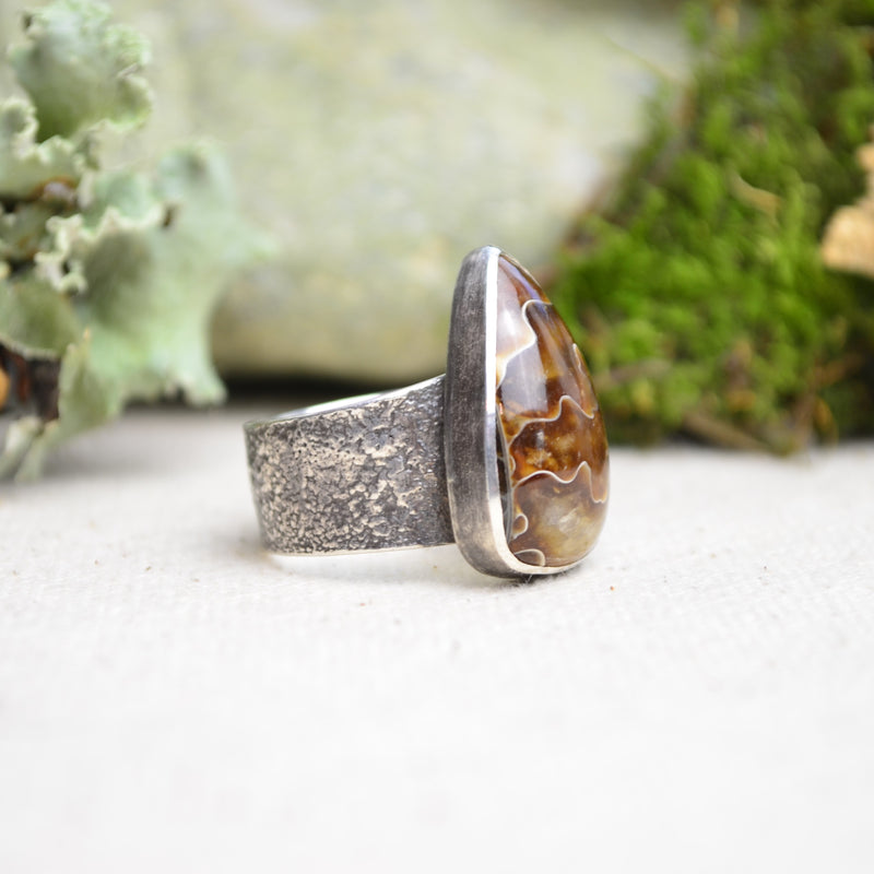 Fossilized Ammonite Textured Wide Band Ring (Size 7 1/4)
