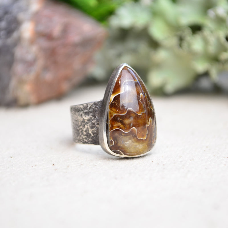Fossilized Ammonite Textured Wide Band Ring (Size 7 1/4)