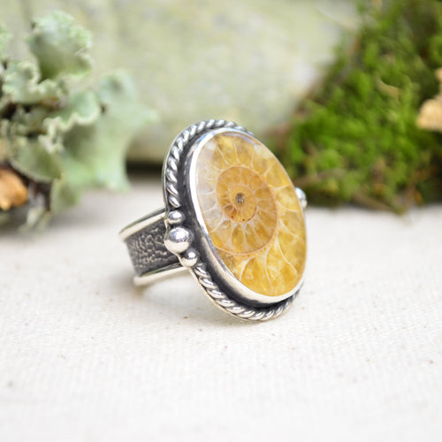 Fossilized Ammonite Wide Band Ring (Size 7 1/4)
