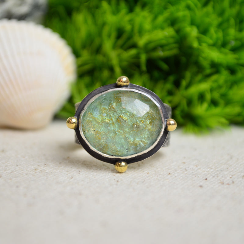 Ancient Roman Glass Textured Wide Band Ring w/ 14K Accents (Size 9 3/4)