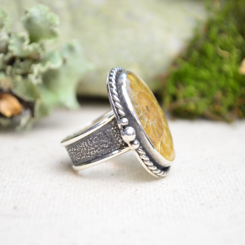 Fossilized Ammonite Wide Band Ring (Size 7 1/4)