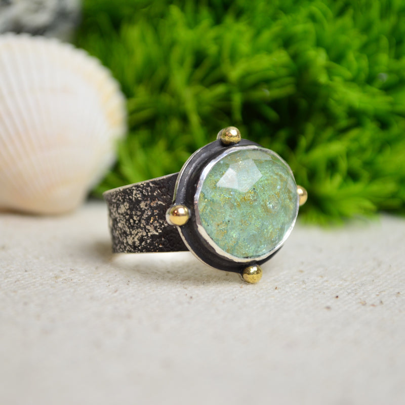 Ancient Roman Glass Textured Wide Band Ring w/ 14K Accents (Size 9 3/4)
