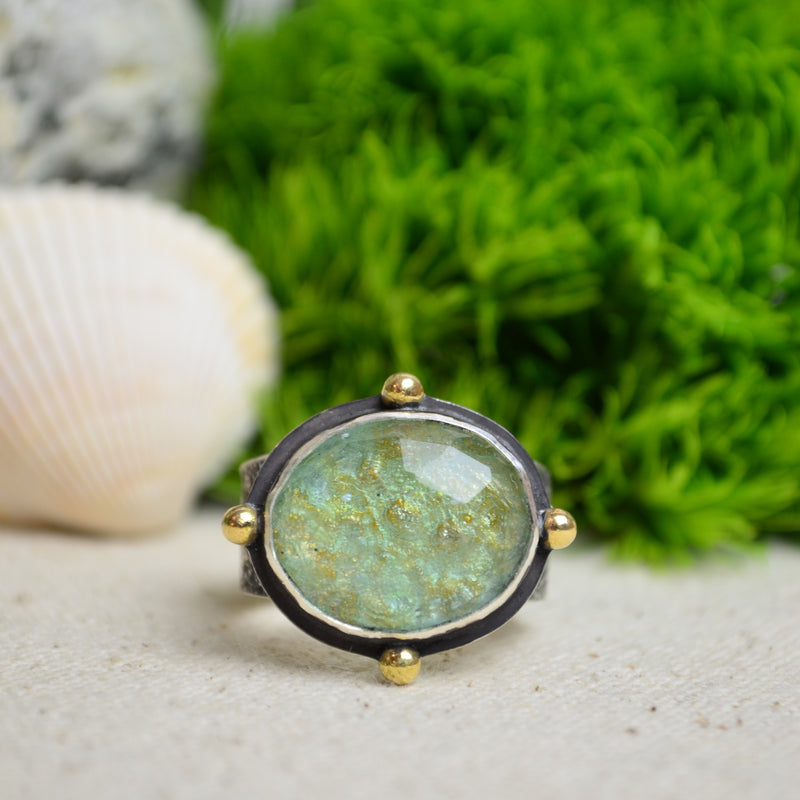 Ancient Roman Glass Textured Wide Band Ring w/ 14K Accents (Size 9 3/4)