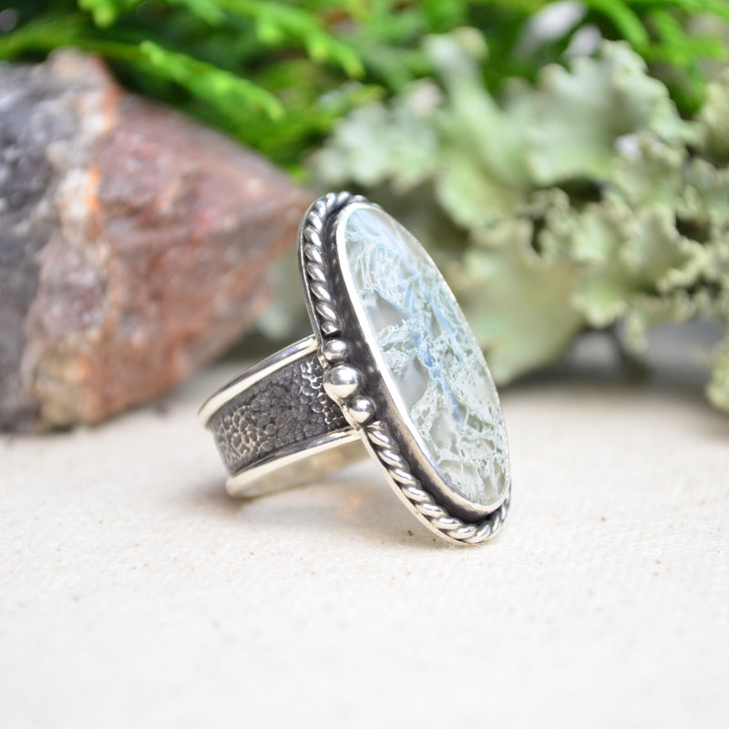Moss Agate Wide Band Ring (Size 8 1/4)