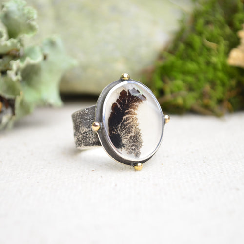 Dendritic Agate Textured Wide Band Ring w/ 14K Accents (Size 8 3/4)
