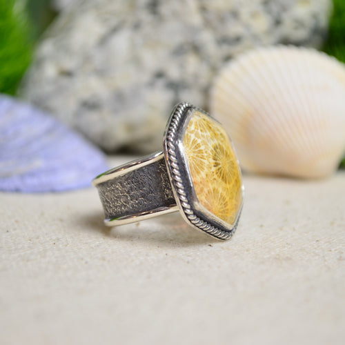 Fossilized Coral Wide Band Ring (Size 8)