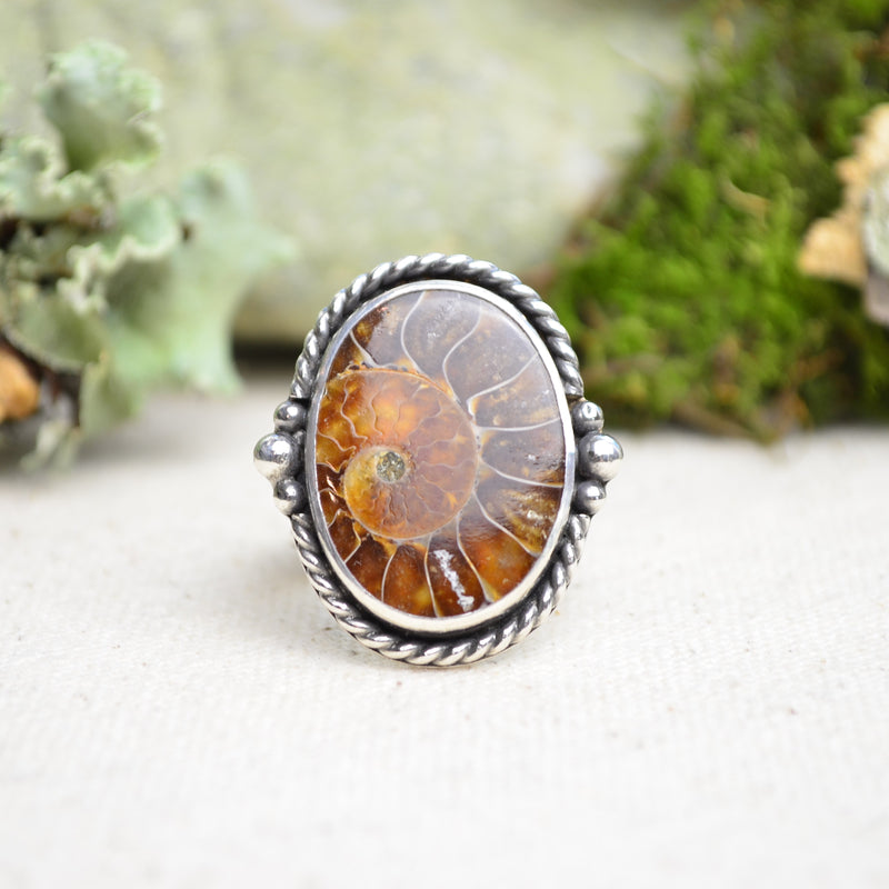 Fossilized Ammonite Wide Band Ring (Size 9 1/4)