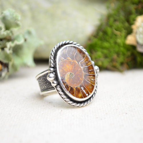 Fossilized Ammonite Wide Band Ring (Size 9 1/4)