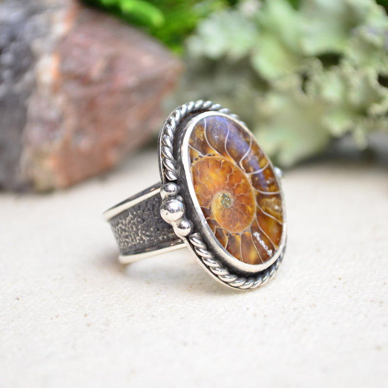 Fossilized Ammonite Wide Band Ring (Size 9 1/4)