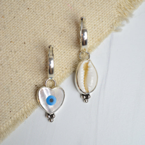 Huggie Earrings w/ Cowrie Shell & Mother of Pearl