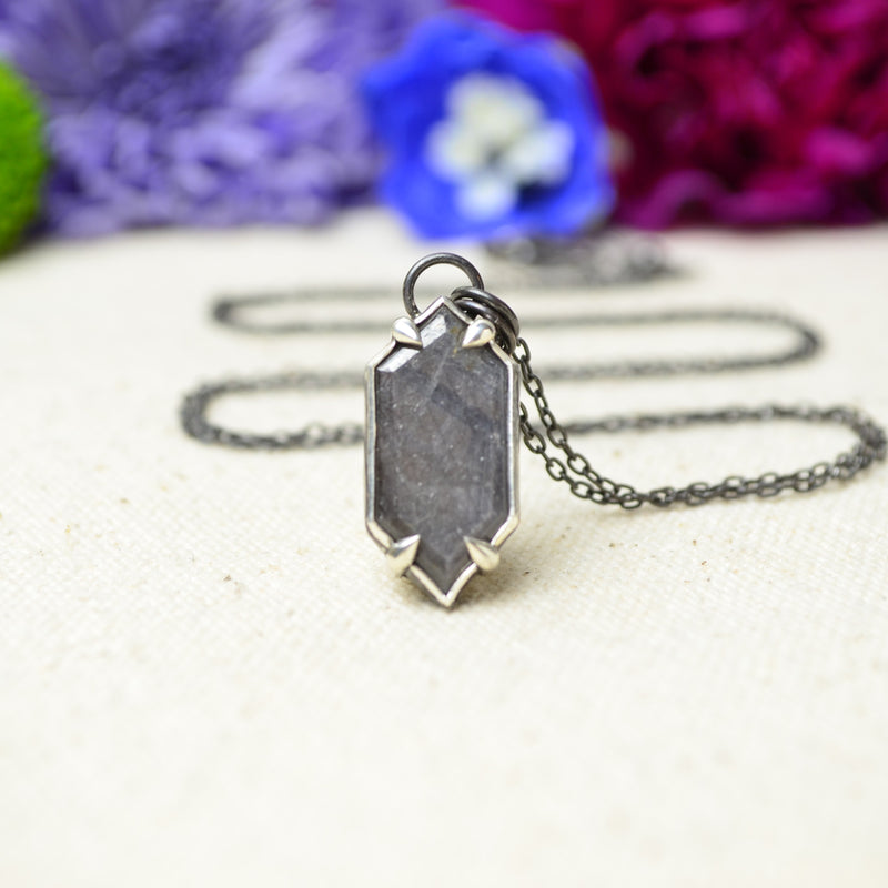 Silver Sapphire Hex Necklace w/ Prong Accents