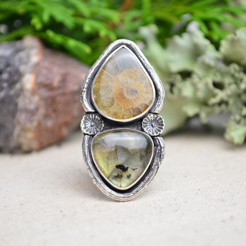 Fossilized Ammonite & Labradorite Ring (Size 7 1/2)