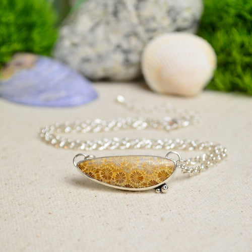 Fossilized Coral Half Moon Necklace w/ Pebble Accents