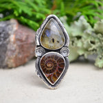 Fossilized Ammonite & Labradorite Ring (Size 9 1/2)