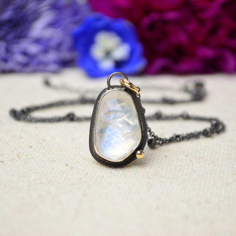 Rainbow Moonstone Necklace with 14K Yellow Gold Accents
