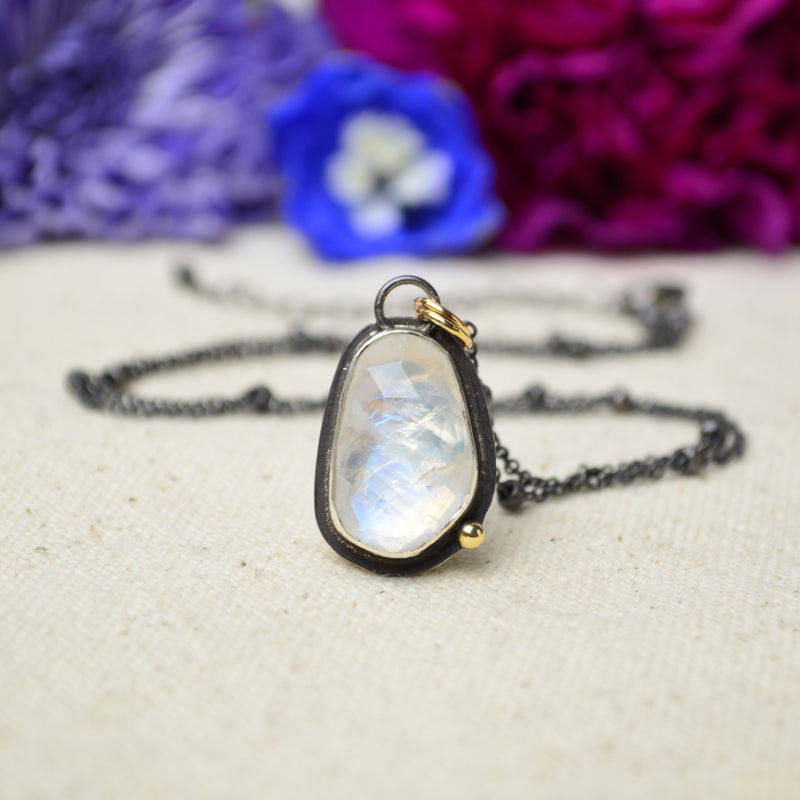 Rainbow Moonstone Necklace with 14K Yellow Gold Accents